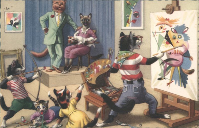 Dressed Cats Painting and Playing Music in Art Studio