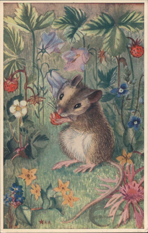 Mouse Eating Strawberry in a Whimsical Garden by Heda Armour