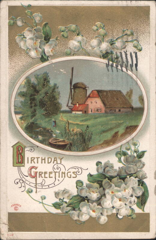 Birthday Greetings with Dutch Windmill Landscape and White Flowers