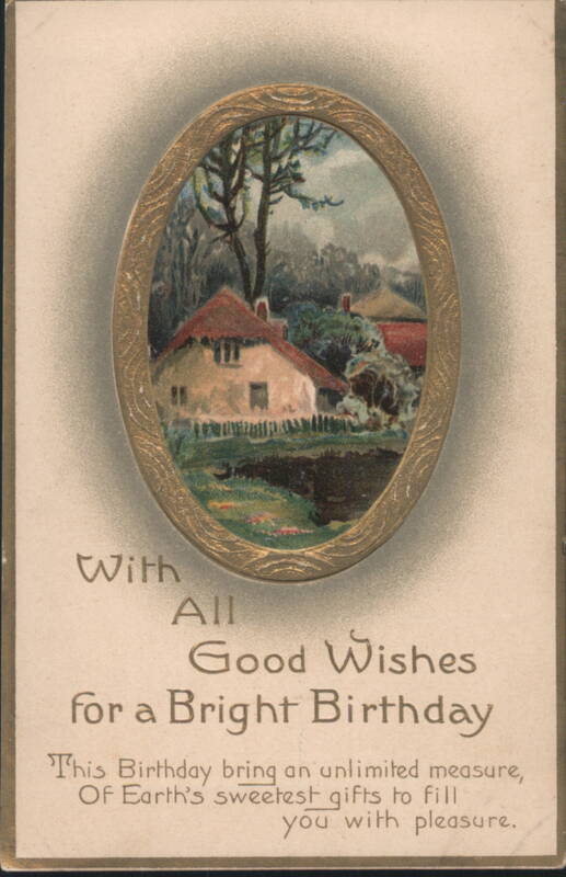Cottage in Oval Gold Frame, Bright Birthday Wishes Greeting