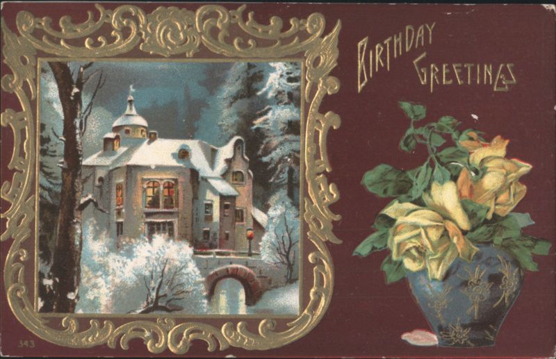 Birthday Greetings with Winter Castle Scene and Yellow Roses
