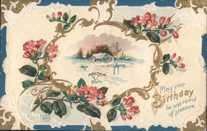 Birthday Greeting: Winter Landscape with Pink Flowers & Embossed Gold Frame