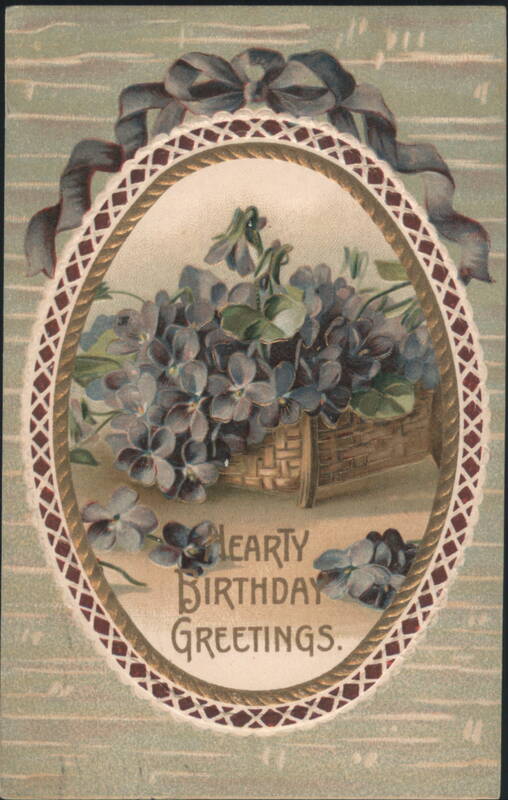 Hearty Birthday Greetings with Violets in Basket and Ribbon Bow