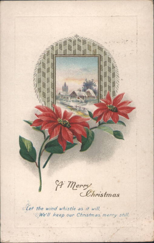 Merry Christmas Poinsettias & Winter Village Scene Greeting