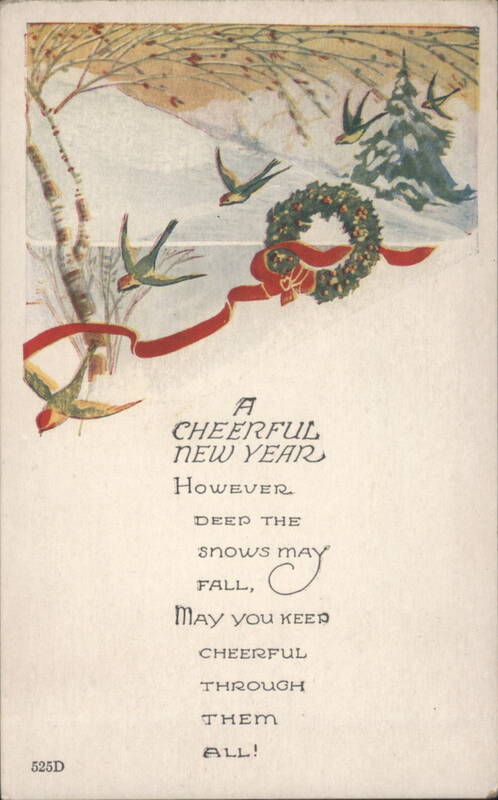 Cheerful New Year Winter Scene with Birds and Wreath