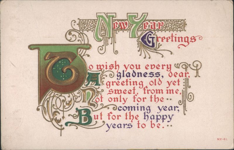 New Year Greetings with Ornate Lettering and Poetic Verse
