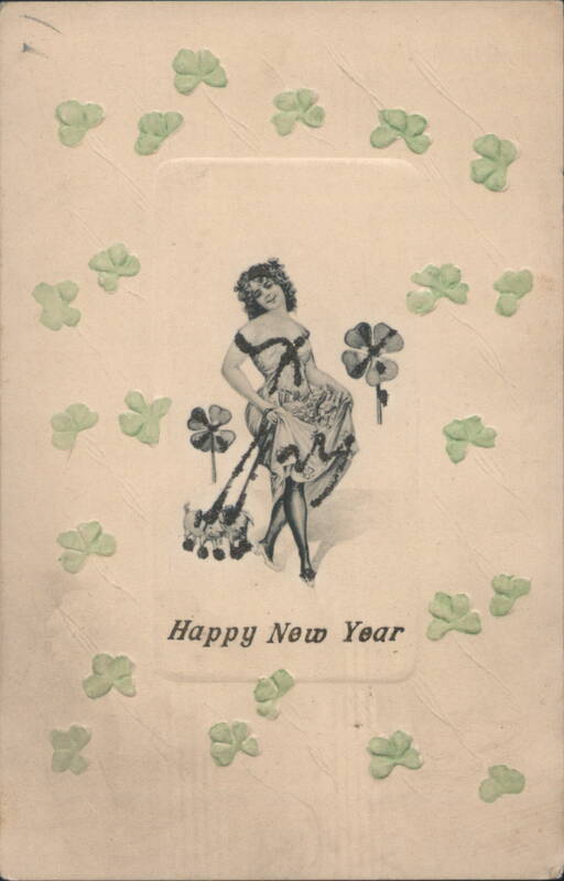 Happy New Year with Dancing Woman and Shamrocks Beautiful Ladies