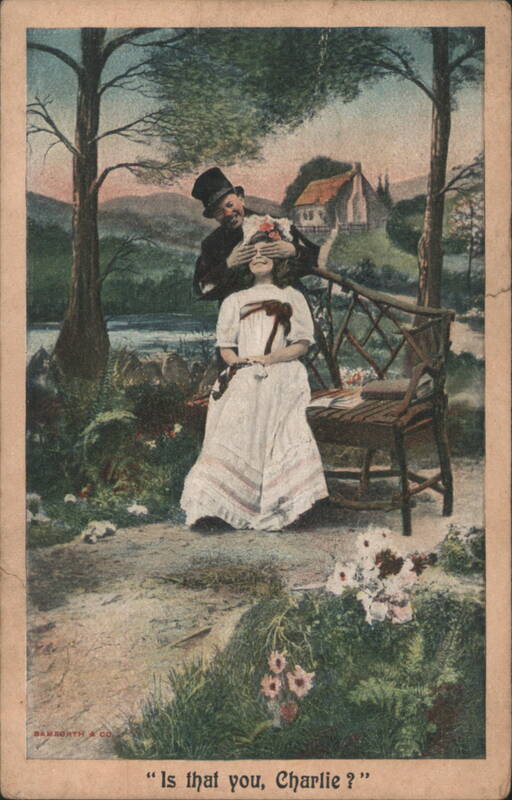 Playful Man Covering Woman's Eyes, 'Is that you, Charlie?'