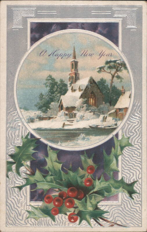 New Year's Snowy Village Church & Holly Greeting