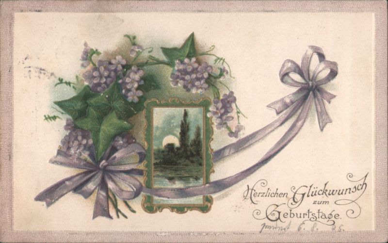 Happy Birthday Greeting with Lilac Flowers and Framed Landscape Art