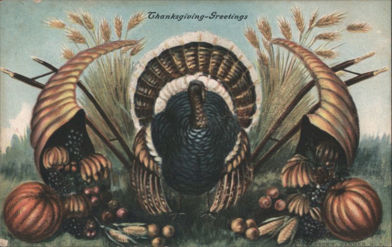 Thanksgiving-Greetings Turkey, Cornucopias with Pumpkins & Wheat