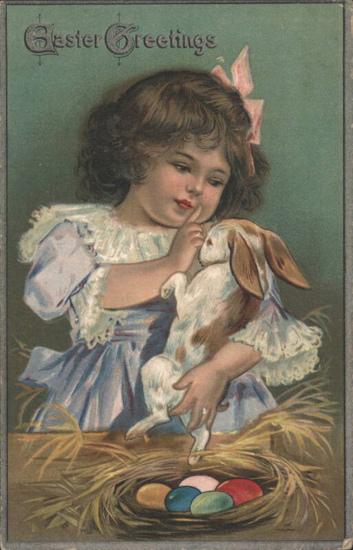 Young Girl with Bunny and Easter Eggs, Easter Greetings