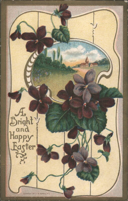 A Bright and Happy Easter with Violets and Scenic Landscape