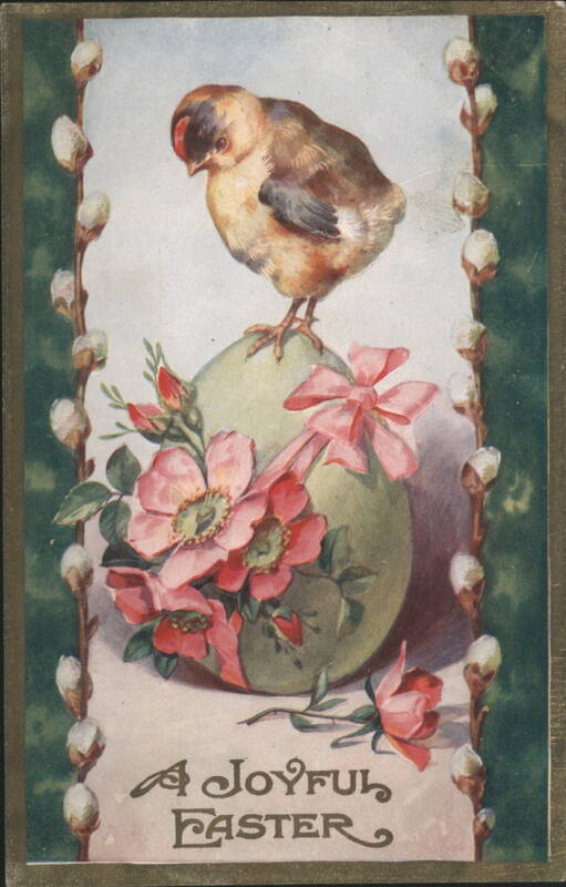 Chick on Easter Egg with Pink Flowers & Pussy Willows, A Joyful Easter