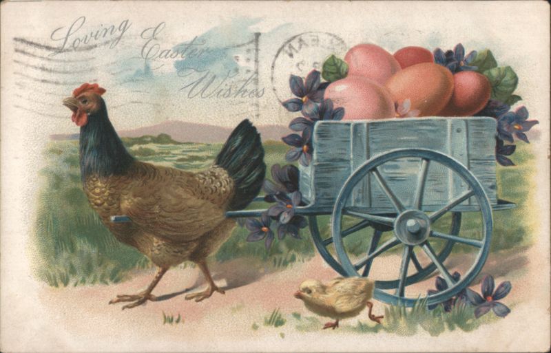 Loving Easter Wishes, Hen, Chick, Eggs in Wooden Cart with Violets