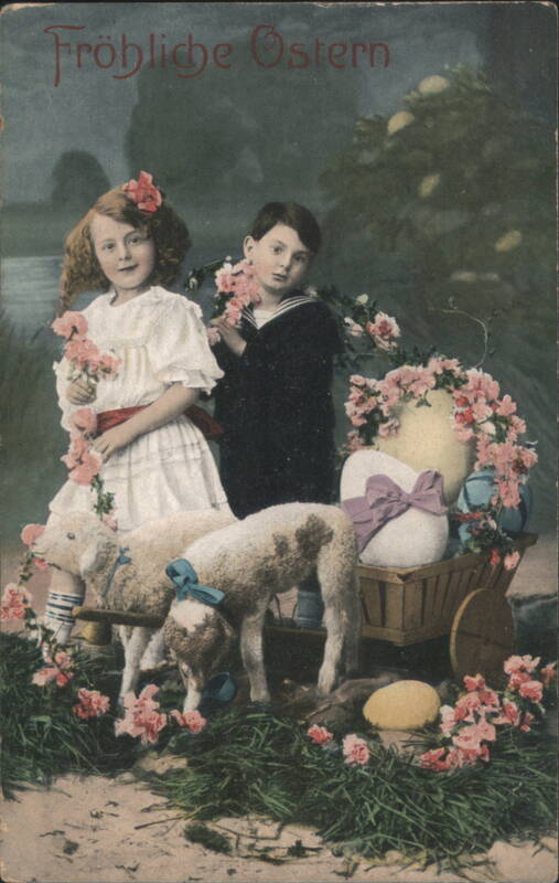 Happy Easter Children, Lambs, and Eggs, German Hand-Colored Card