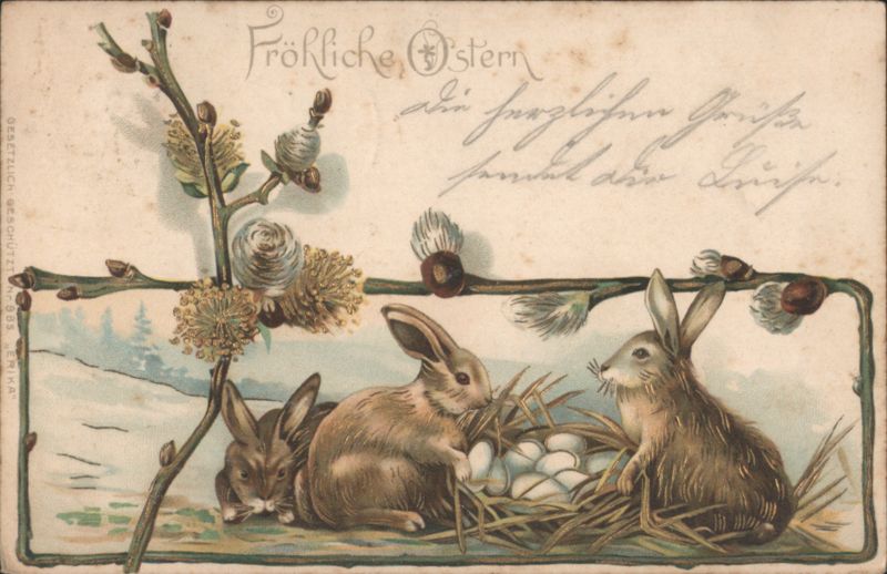 Happy Easter Bunnies with Eggs & Pussy Willows, German Greeting