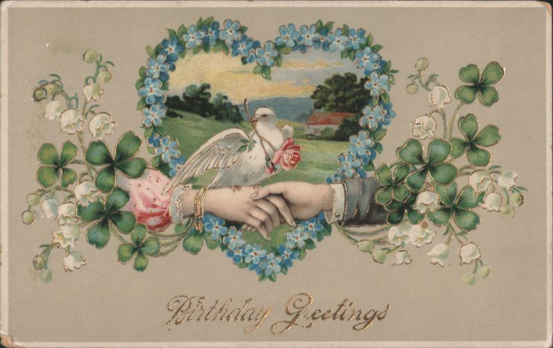 Birthday Greetings with Clasped Hands, Dove, Rose, and Four-Leaf Clovers