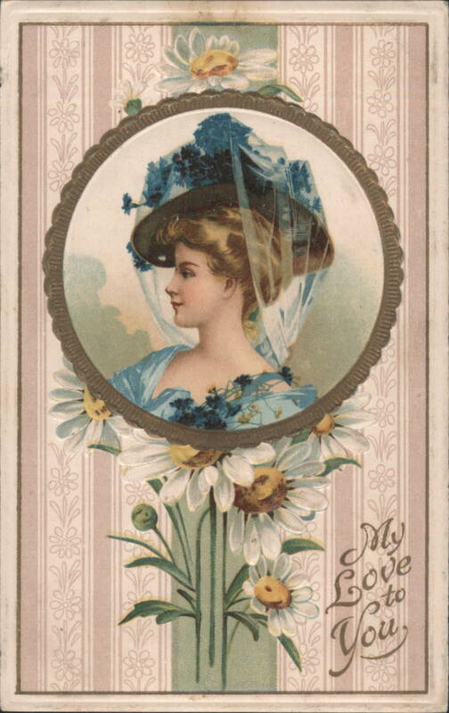 Woman in Blue Hat with Daisies, 'My Love to You' Greeting