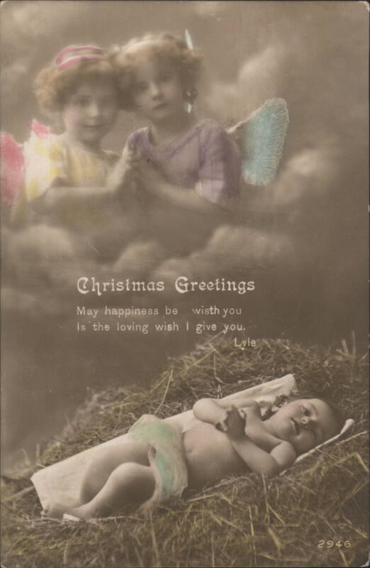 Christmas Greetings with Angels & Baby on Hay - May Happiness Be With You
