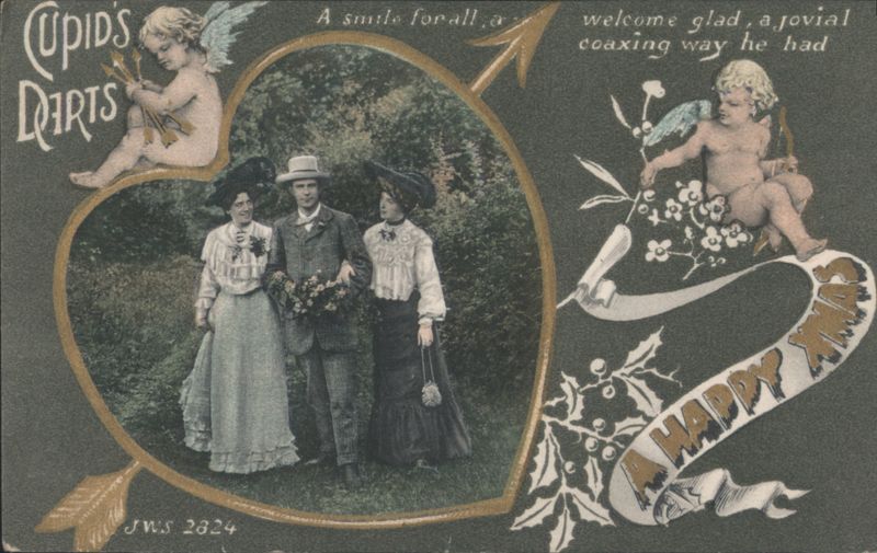 Cupid's Darts Heart Vignette with Couple, Cherubs, and Happy Christmas