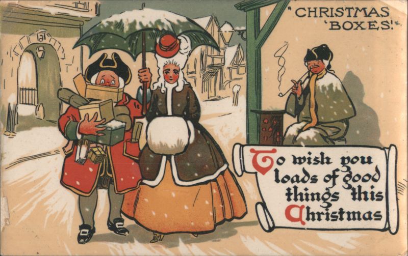 Christmas Boxes, Snowy Scene with People, Gifts, and Umbrella