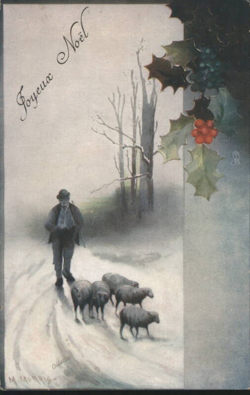 Joyeux Noël Shepherd with Sheep in Snowy Landscape