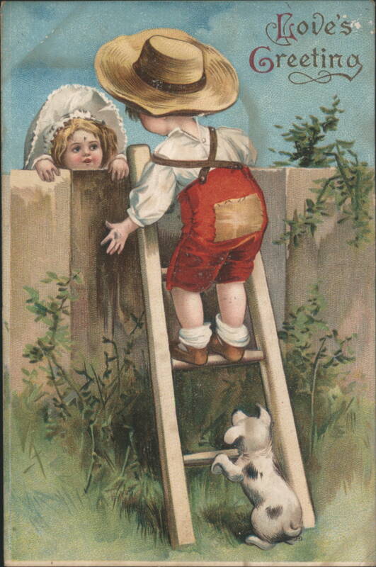 Love's Greeting: Boy on Ladder Looking Over Fence at Girl with Dog