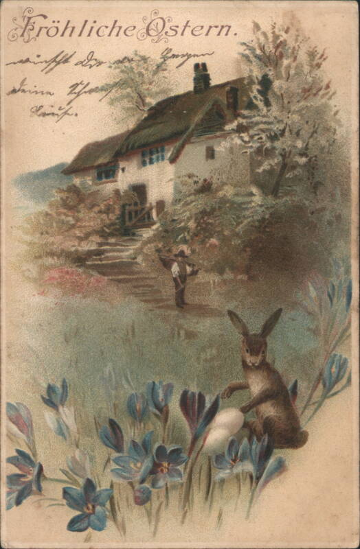 Happy Easter Bunny with Egg & Crocus Flowers by a Rural Cottage