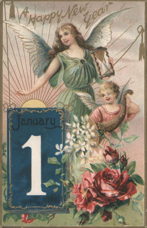 A Happy New Year Angel with Hourglass & Cherub, January 1 Calendar