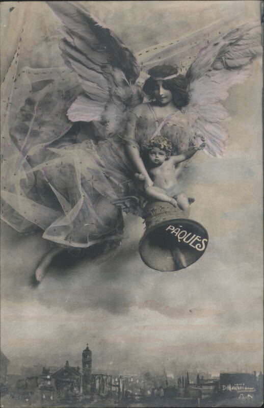 D. Mestrezian Angel & Cherub with 'Pâques' Bell over City for Easter France
