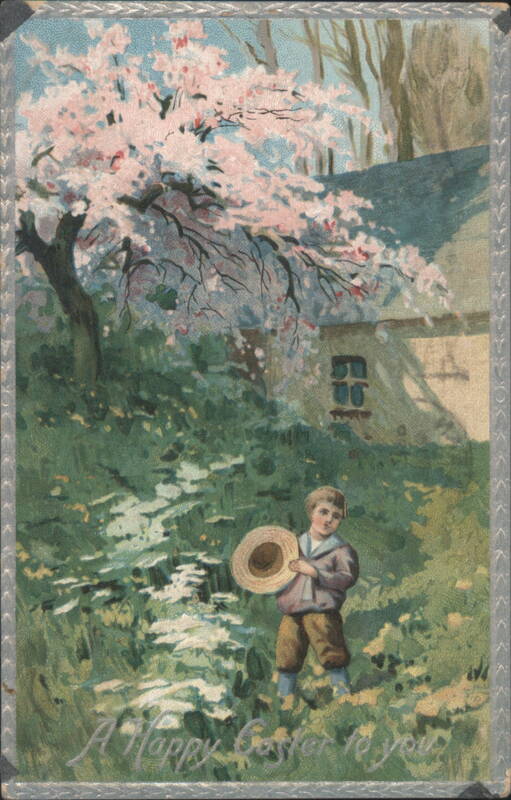 Boy with Hat in Blossoming Spring Landscape, Happy Easter Greeting