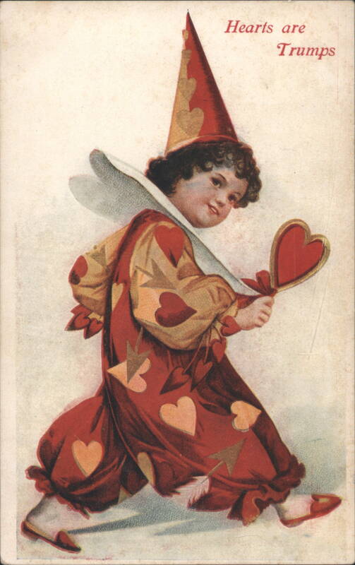 Child in Heart-Themed Jester Costume Holding Mirror, 'Hearts are Trumps'