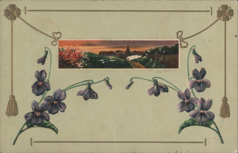 Village Scene with Violets and New Year's Greeting, Allegany, NY 1909