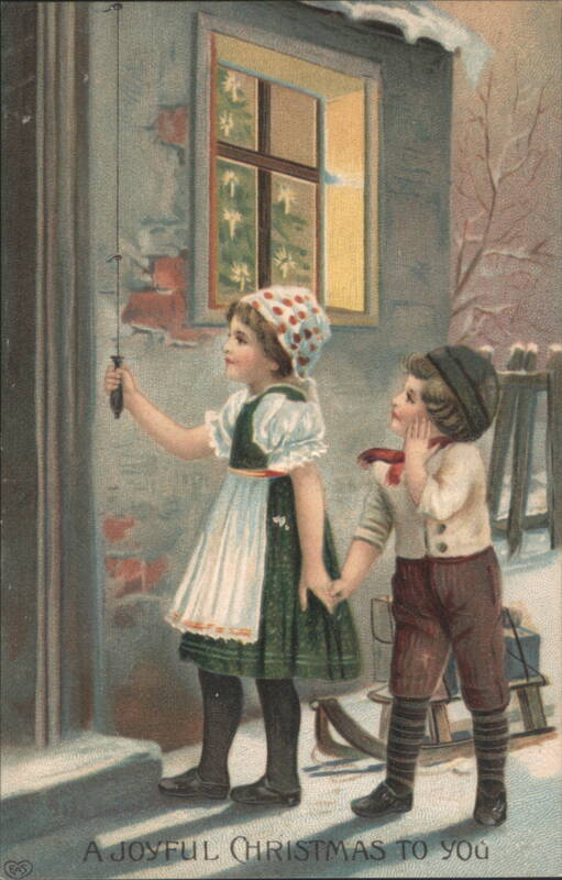 Children Ringing Bell at Christmas Tree Window, Joyful Christmas Greeting