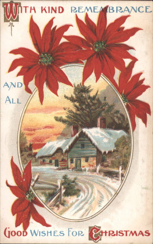 Christmas Poinsettias & Snowy Village Scene, Good Wishes