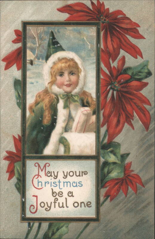 Red-Haired Girl in Winter Coat with Poinsettias, Joyful Christmas Greeting