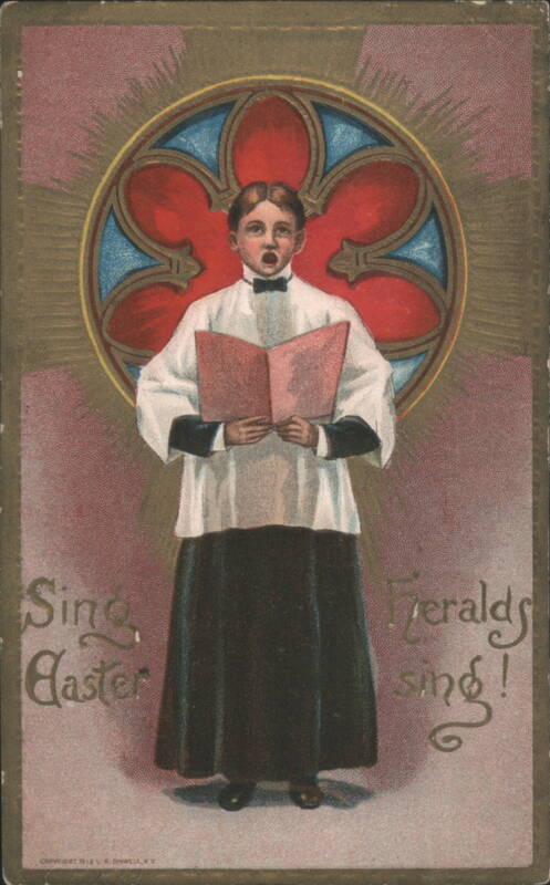 Choir Boy Singing 'Easter Heralds' with Stained Glass Window Background