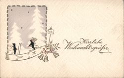 German Christmas Greetings, Children Skiing in Winter Forest, Bells Postcard