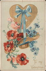 Golden Heart with Blue Ribbon, Red Poppies, and Blue Cornflowers "To my Valentine" Postcard