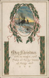 Christmas Greeting with Winter Church Scene, Holly & Ribbons Postcard