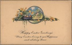Happy Easter Greetings with Flowers, Colored Eggs, and Village Scene Postcard