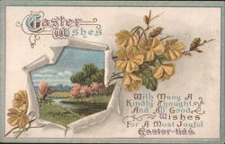 Easter Wishes with Spring Flowers and Scenic Landscape Postcard