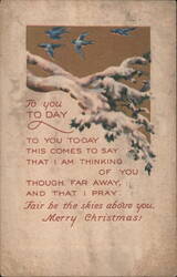 Merry Christmas Greeting with Snow-Covered Branches and Flying Birds Postcard