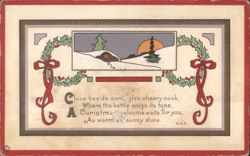 Christmas Greeting with Snowy Cabin, Holly Wreaths & Sunset Postcard