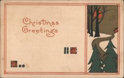 Arts & Crafts Christmas Greetings Winter Landscape with Red Sun and Pine Trees Postcard