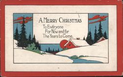 Arts & Crafts Merry Christmas Snowy Landscape, Red-Roof House, Pine Trees, Winter Scene Postcard