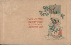Dutch Figures in Wooden Shoes, Windmill, Christmas Day Greeting Postcard