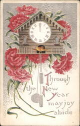New Year's Clock with Red Flowers and Bird, 'May Joy Abide' Greeting Postcard