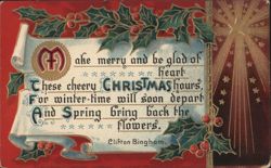 Christmas Greeting with Holly, Berries, Star, and Clifton Bingham Poem Postcard